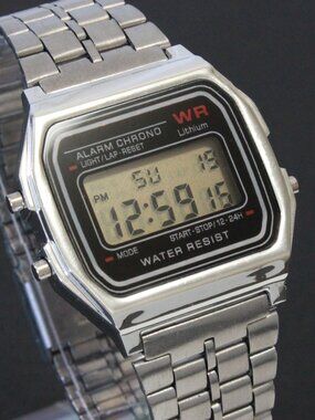 Retro Style Digital Watch Metal Case Bracelet Back light, Stopwatch, Day, Date